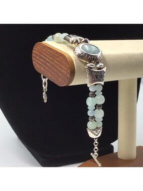 Carolyn Pollack Jadeite Beaded Bracelet Sterling Silver Adjustable 6.5-7.25”